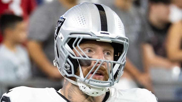 Aug 23, 2025; Glendale, Arizona, USA; Detailed view of the Michael Jordan, Muhammed Ali and Kobe Bryant tattoos on the stomach of Las Vegas Raiders defensive end Maxx Crosby (98) against the Arizona Cardinals during a preseason NFL game at State Farm Stadium. Mandatory Credit: Mark J. Rebilas-Imagn Images