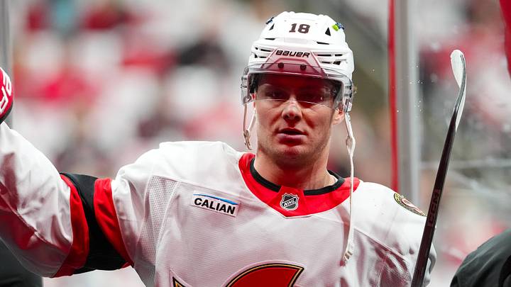 Apr 20, 2026; Raleigh, North Carolina, USA; Ottawa Senators center Tim Stützle (18) comes off the ice after the warmups before the game against the Carolina Hurricanes in game two of the first round of the 2026 Stanley Cup Playoffs at Lenovo Center. Mandatory Credit: James Guillory-Imagn Images