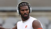 Oct 12, 2025; Pittsburgh, Pennsylvania, USA;  Cleveland Browns quarterback Shedeur Sanders (12) warms up before the game against the Pittsburgh Steelers at Acrisure Stadium. Mandatory Credit: Charles LeClaire-Imagn Images