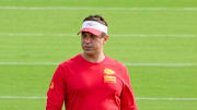 Jul 22, 2025; St. Joseph, MO, USA; Kansas City Chiefs general manager Brett Veach on field during training camp at Missouri Western State University. Mandatory Credit: Denny Medley-Imagn Images