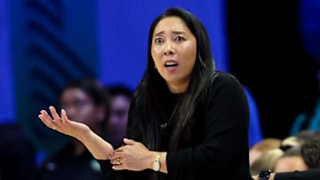 Golden State Valkyries head coach Natalie Nakase reacts during the second half against the Dallas Wings at College Park Center.