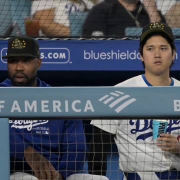 May 18, 2024; Los Angeles, California, USA; Los Angeles Dodgers designated hitter Shohei Ohtani (17) looks on from the dugout in the ninth inning against the Cincinnati Reds at Dodger Stadium. Mandatory Credit: Jayne Kamin-Oncea-USA TODAY Sports