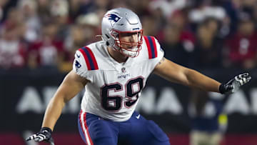 Dec 12, 2022; Glendale, Arizona, USA; New England Patriots guard Cole Strange (69) against the