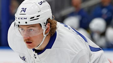 Feb 1, 2025; Edmonton, Alberta, CAN; Toronto Maple Leafs forward Bobby McMann (74) waits for the play to begin against the Edmonton Oilers at Rogers Place. Mandatory Credit: Perry Nelson-Imagn Images