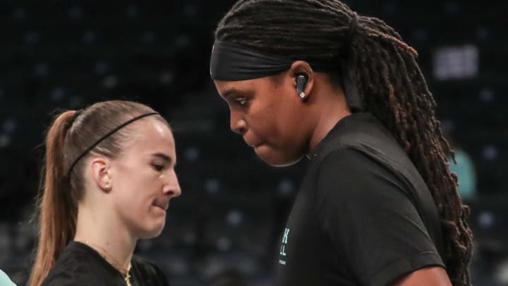 Oct 18, 2023; Brooklyn, New York, USA; New York Liberty guard Sabrina Ionescu (20) and forward Jonquel Jones (35) during pregame warmups prior to game four of the 2023 WNBA Finals at Barclays Center. Mandatory Credit: Wendell Cruz-USA TODAY Sports