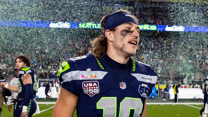 Feb 8, 2026; Santa Clara, CA, USA; Seattle Seahawks wide receiver Jake Bobo (19) celebrates after defeating the New England Patriots during Super Bowl LX at Levi's Stadium. 