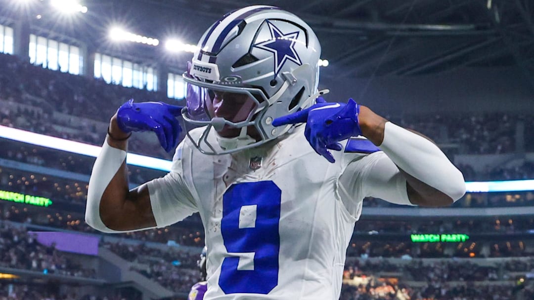 Sep 22, 2024; Arlington, Texas, USA;  Dallas Cowboys wide receiver KaVontae Turpin (9) reacts after scoring a touchdown during the second half against the Baltimore Ravens at AT&T Stadium. Mandatory Credit: Kevin Jairaj-Imagn Images