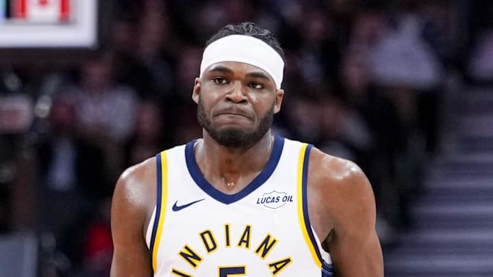 Feb 8, 2026; Toronto, Ontario, CAN;  Indiana Pacers forward Jarace Walker (5) looks on against the Toronto Raptors during the second half at Scotiabank Arena. Mandatory Credit: Kevin Sousa-Imagn Images