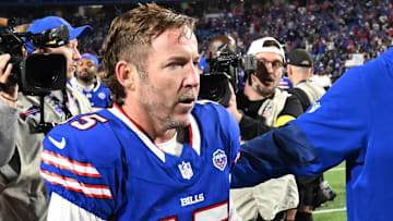 Sep 7, 2025; Orchard Park, New York, USA;  Buffalo Bills placekicker Matt Prater (15) celebrates the win after kicking a field goal during the fourth quarter against the Baltimore Ravens at Highmark Stadium.