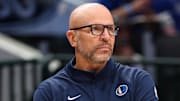 Nov 10, 2025; Dallas, Texas, USA;  Dallas Mavericks head coach Jason Kidd reacts against the Milwaukee Bucks during the second half at American Airlines Center. Mandatory Credit: Kevin Jairaj-Imagn Images