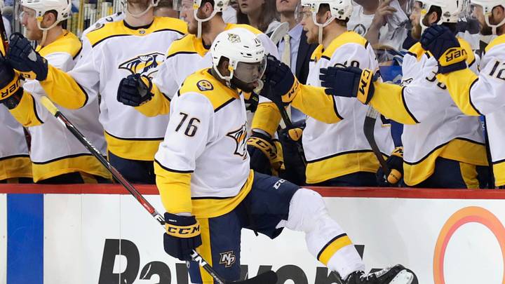 May 3, 2018; Winnipeg, Manitoba, CAN; Nashville Predators defenseman P.K. Subban (76) celebrates his second period goal against Winnipeg Jets in game four of the second round of the 2018 Stanley Cup Playoffs at Bell MTS Place. Mandatory Credit: James Carey Lauder-USA TODAY Sports May 3, 2018; Winnipeg, Manitoba, CAN; Nashville Predators defenseman P.K. Subban (76) celebrates his second period goal against Winnipeg Jets in game four of the second round of the 2018 Stanley Cup Playoffs at Bell MTS Place. Mandatory Credit: James Carey Lauder-USA TODAY Sports