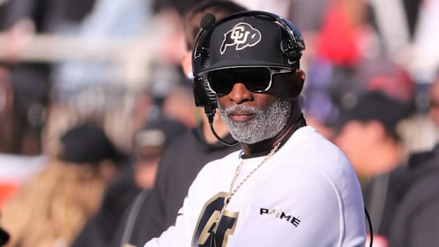 Colorado football coach Deion Sanders looks on against Texas Tech in a Big 12 football game Saturday, Nov. 9, 2024