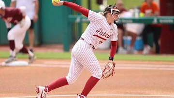 Alabama Softball Player Jocelyn Briski (23) pitches against Virginia Tech during the NCAA Tuscaloosa Regionals at Rhoads Stadium in Tuscaloosa, AL on Saturday, May 17, 2025.