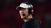 Sep 20, 2025; Los Angeles, California, USA; Southern California Trojans head coach Lincoln Riley watches game action against the Michigan State Spartans during the second half at the Los Angeles Memorial Coliseum. Mandatory Credit: Gary A. Vasquez-Imagn Images