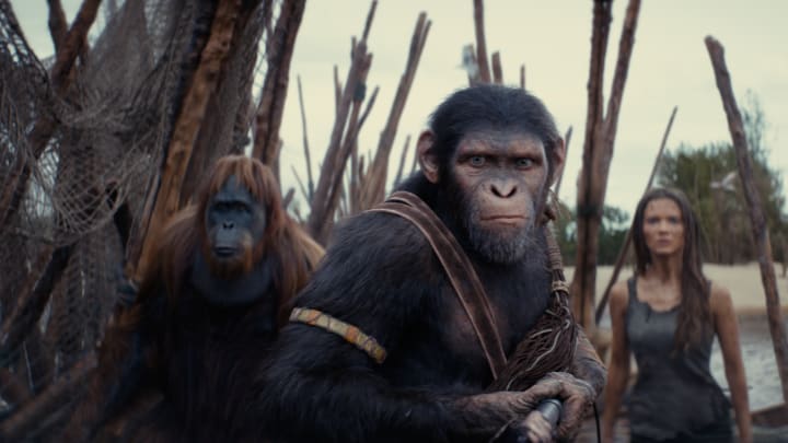 (L-R): Raka (played by Peter Macon), Noa (played by Owen Teague) , and Freya Allan as Nova in 20th Century Studios' KINGDOM OF THE PLANET OF THE APES. Photo courtesy of 20th Century Studios. © 2024 20th Century Studios. All Rights Reserved.