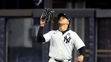 Oct 30, 2024; New York, New York, USA; New York Yankees outfielder Juan Soto (22) makes a catch during the second inning against the Los Angeles Dodgers in game five of the 2024 MLB World Series at Yankee Stadium.