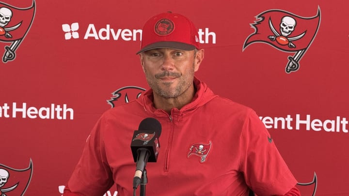 Tampa Bay Buccaneers Assistant GM John Spytek speaks at training camp in 2024. 