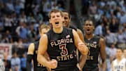 Mar 10, 2012; Atlanta, GA, USA;  Florida State Seminoles guard Luke Loucks (3) reacts after hitting a basket to put the Seminoles up by 3 with 13.4 seconds remaining against the Duke Blue Devils during the semi-finals of  the 2012 ACC Men's Basketball Tournament at Philips Arena. Mandatory Credit: Bob Donnan-Imagn Images
