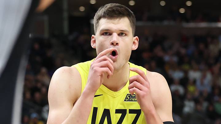 Feb 28, 2023; Salt Lake City, Utah, USA; Utah Jazz center Walker Kessler (24) reacts to play with the San Antonio Spurs in the second half at Vivint Arena. Mandatory Credit: Rob Gray-USA TODAY Sports