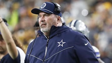 Oct 6, 2024; Pittsburgh, Pennsylvania, USA;  Dallas Cowboys head coach Mike McCarthy looks on from the sidelines against the Pittsburgh Steelers during the second quarter at Acrisure Stadium. Mandatory Credit: Charles LeClaire-Imagn Images