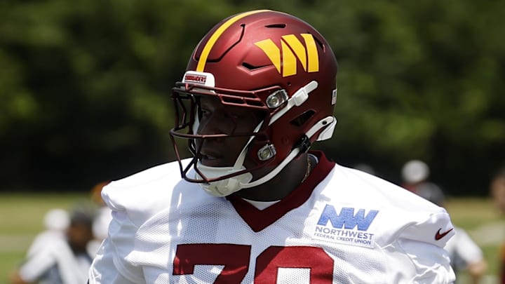 Jun 10, 2025; Ashburn, VA, USA; Washington Commanders offensive tackle Laremy Tunsil (78) stands on the field on day one of minicamp at Commanders Park. Mandatory Credit: Geoff Burke-Imagn Images