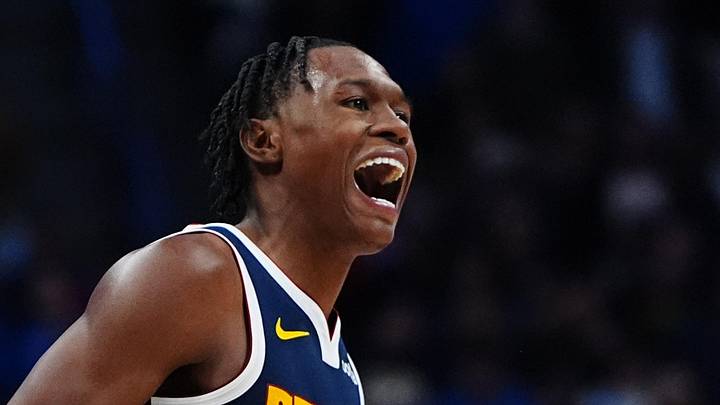 Nov 6, 2024; Denver, Colorado, USA; Denver Nuggets forward Peyton Watson (8) reacts in the fourth quarter against the Oklahoma City Thunder at Ball Arena. Mandatory Credit: Ron Chenoy-Imagn Images
