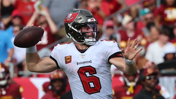 Sep 8, 2024; Tampa, Florida, USA;  Tampa Bay Buccaneers quarterback Baker Mayfield (6) throws the ball against the Washington Commanders during the first half at Raymond James Stadium. Mandatory Credit: Kim Klement Neitzel-Imagn Images