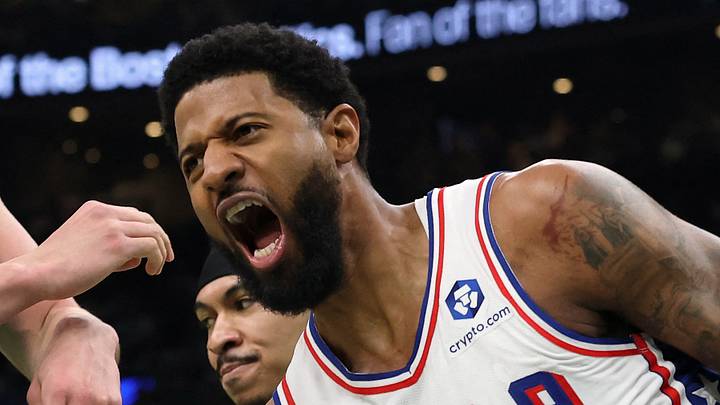 May 2, 2026; Boston, Massachusetts, USA; Philadelphia 76ers forward Paul George (8) celebrates after dunking on Boston Celtics center Luka Garza (52) during the first quarter of game seven of the first round of the 2026 NBA Playoffs at TD Garden. Mandatory Credit: Winslow Townson-Imagn Images