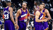 Kevin Johnson, right, with Suns teammates including Charles Barkley