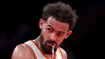 Trae Young #11 of the Atlanta Hawks reacts against the New York Knicks.