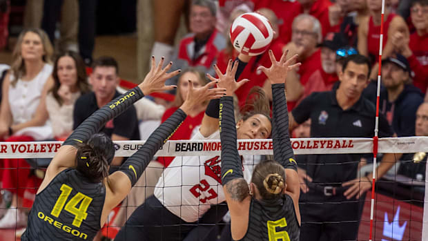 Nebraska outside hitter Harper Murray attacks against Oregon.
