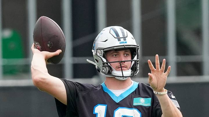 Aug 4, 2026; Charlotte, NC, USA;  Carolina Panthers quarterback Haynes King (16) throws during training camp at Bank of America Stadium. Mandatory Credit: Jim Dedmon-Imagn Images
