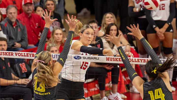 Nebraska middle blocker Andi Jackson attacks against Oregon. Nebraska middle blocker Andi Jackson attacks against Oregon.