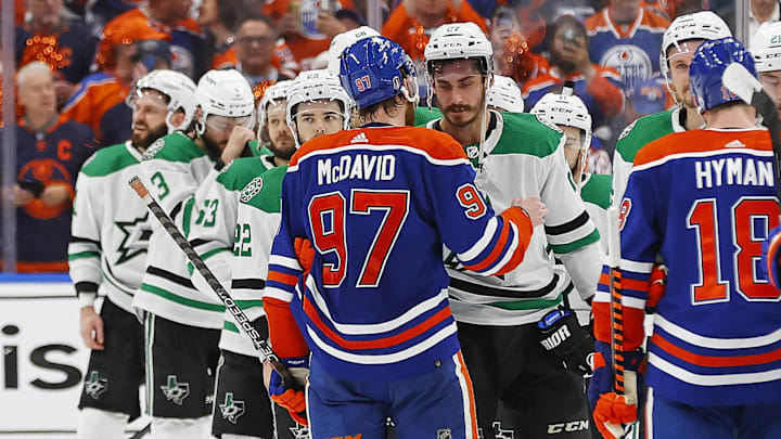 Edmonton Oilers forward Connor McDavid (97) shakes hands with Dallas Stars forward Mason Marchment (27) after winning the Western Conference Championship in game six of the Western Conference Final of the 2024 Stanley Cup Playoffs