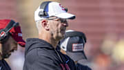 Nov 1, 2025; Stanford, California, USA; Stanford Cardinal head coach Frank Reich watches during a time-out in the second quarter against the Pittsburgh Panthers at Stanford Stadium. Mandatory Credit: John Hefti-Imagn Images