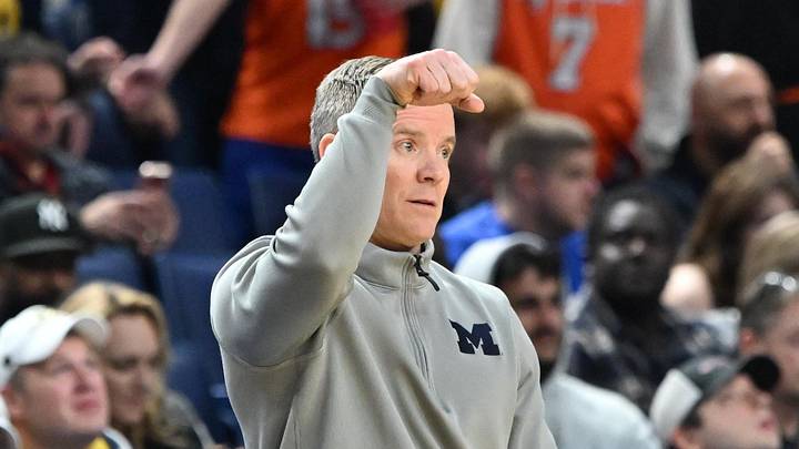 Mar 19, 2026; Buffalo, NY, USA; Michigan Wolverines head coach Dusty May instructs his team against the Howard Bison during the second half of a first round game of the men's 2026 NCAA Tournament at Keybank Center. Mandatory Credit: Mark Konezny-Imagn Images