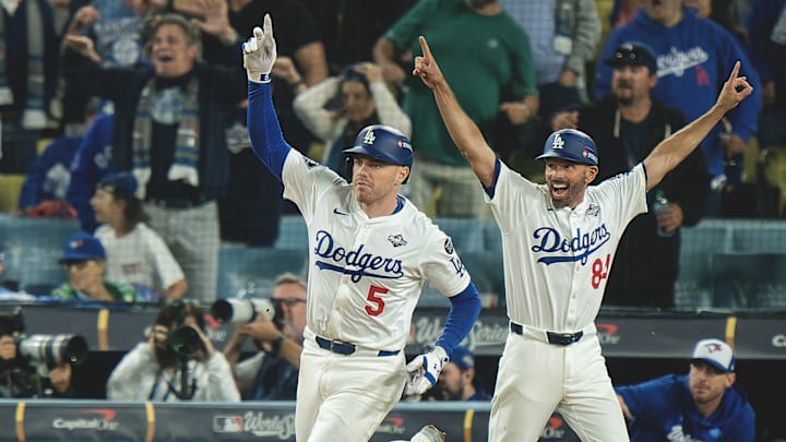Dodgers first baseman Freddie Freeman hit his second World Series walk-off homer in as many years on Monday night. Dodgers first baseman Freddie Freeman hit his second World Series walk-off homer in as many years on Monday night.