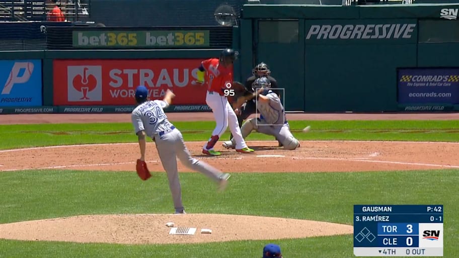 Both Ramirez and Guerrero left the game after being hit by pitches. | Screenshot via @MLBONOX.
