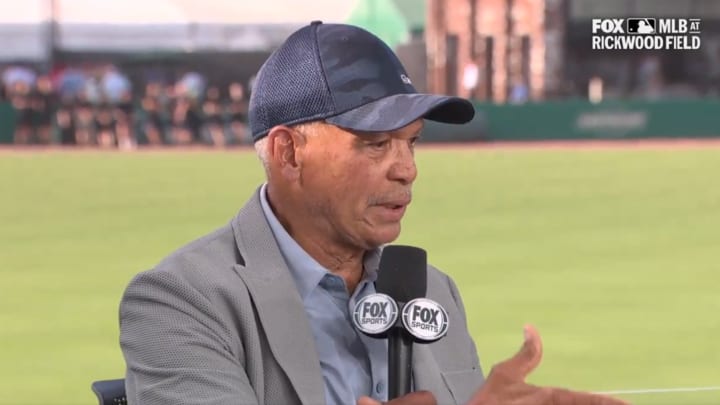 Reggie Jackson speaks to the MLB on FOX Crew before the Rickwood Field game. 