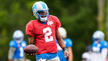 Detroit Lions quarterback Hendon Hooker (2) practices during training camp at Meijer Performance Center in Allen Park on Thursday, August 21, 2025.