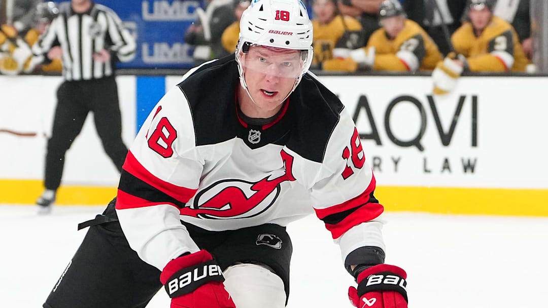 Dec 17, 2025; Las Vegas, Nevada, USA; New Jersey Devils left wing Ondrej Palat (18) skates against the Vegas Golden Knights during the first period at T-Mobile Arena. Mandatory Credit: Stephen R. Sylvanie-Imagn Images