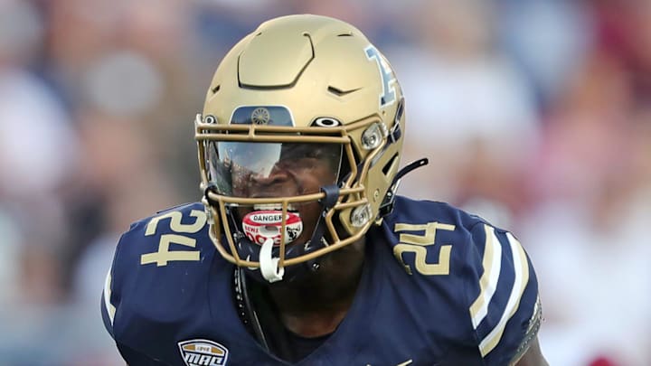 Akron Zips cornerback Darrian Lewis celebrates after a stop against Colgate during the first half of an NCAA college football game, Saturday, Sept. 14, 2024, in Akron, Ohio.