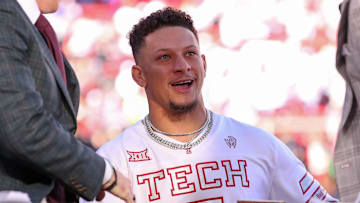 Texas Tech alum and Kansas City Chiefs quarterback Patrick Mahomes joins the College GameDay set as the guest picker before a Big 12 Conference football game, Saturday, Nov. 8, 2025, at Jones AT&T Stadium.