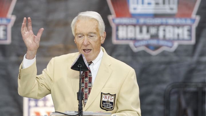 Aug 4, 2007; Canton, OH, USA; Marv Levy talks as he presents Thurman Thomas former Buffalo Bill from 1988 to 1999 during enshrinement ceremonies at the Pro Football Hall of Fame. 