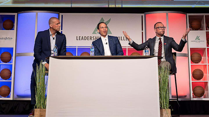 Louisville basketball coach Pat Kelsey, right, talks with Louisville Mayor Craig Greenberg and Kentucky basketball coach Mark Pope at the 2024 Leadership Louisville Luncheon at the Kentucky International Convention Center in downtown Louisville on Wednesday, August 28, 2024.