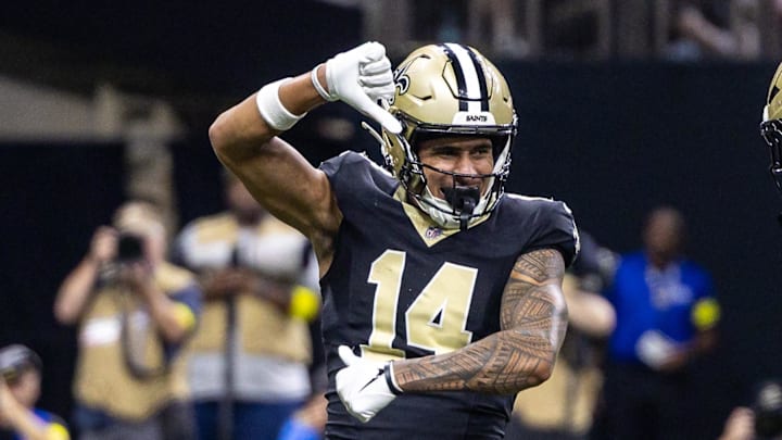 New Orleans Saints wide receiver Devaughn Vele (14) reacts to scoring a touchdown 