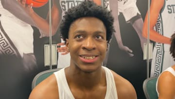 Michigan State's Cam Ward speaks to the media after a victory over Arkansas on Nov. 8, 2025.