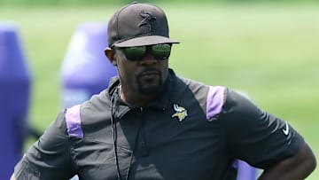 Jun 10, 2025; Minneapolis, MN, USA; Minnesota Vikings defensive coordinator Brian Flores watches practices during minicamp at the Minnesota Vikings Training Facility. Mandatory Credit: Matt Krohn-Imagn Images