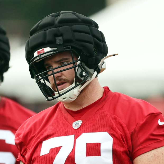 Tampa Bay Buccaneers guard Elijah Klein (79) works out during training camp at AdventHealth Training Center 