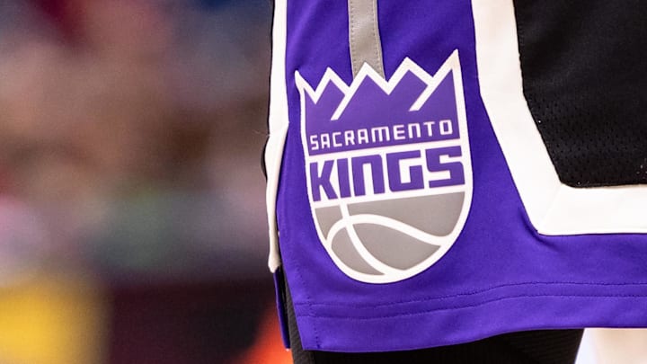 Dec 12, 2024; New Orleans, Louisiana, USA; Detailed view of the Sacramento Kings logo during the game against the New Orleans Pelicans in the first half at Smoothie King Center. Mandatory Credit: Stephen Lew-Imagn Images